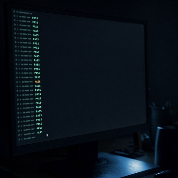 A terminal at 3am: a column of PASS entries and one amber FAIL, left failing on purpose