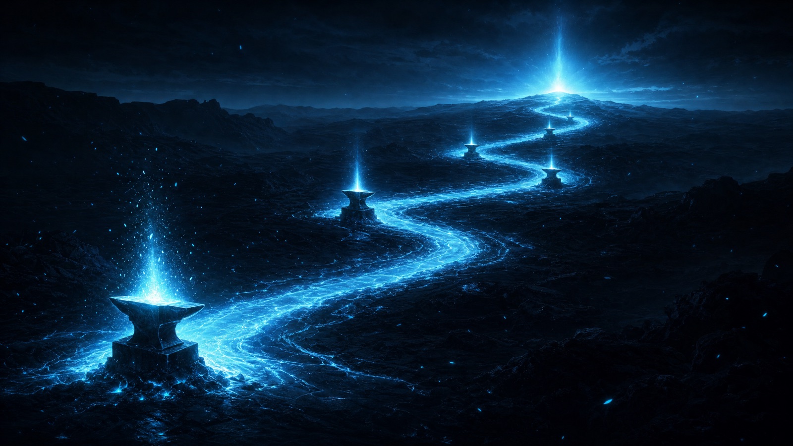 A forge-lit path winding through five glowing waypoints toward the horizon