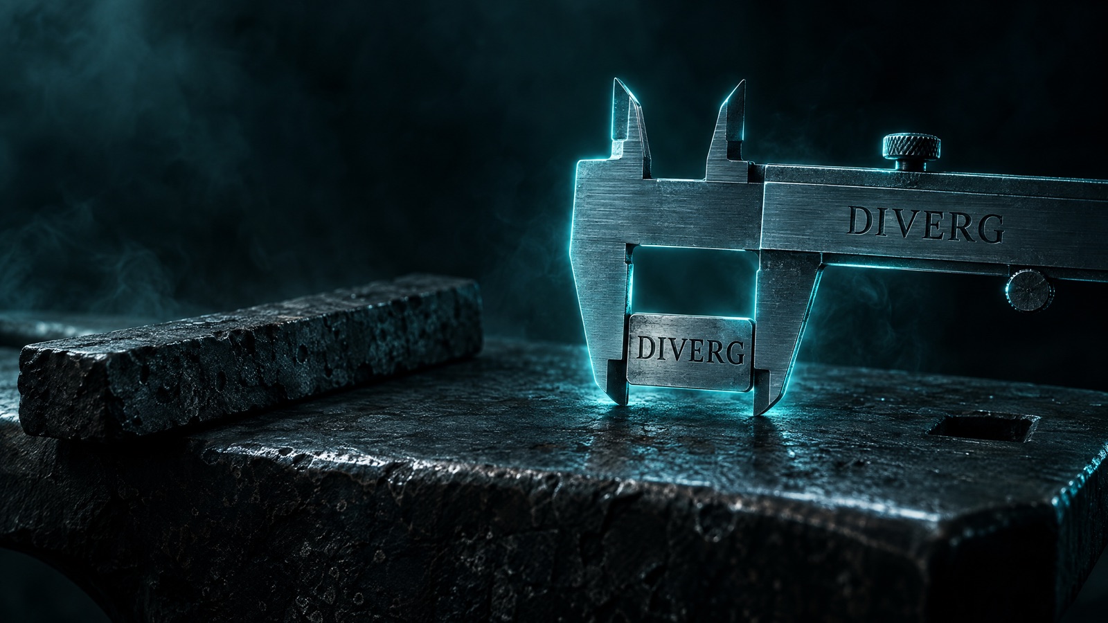 A glowing cyan caliper on a dark anvil, its jaws clamped on a steel tag engraved DIVERG — the same word engraved on the caliper’s own beam — while the bar of raw iron it was meant to measure lies cold and untouched beside it