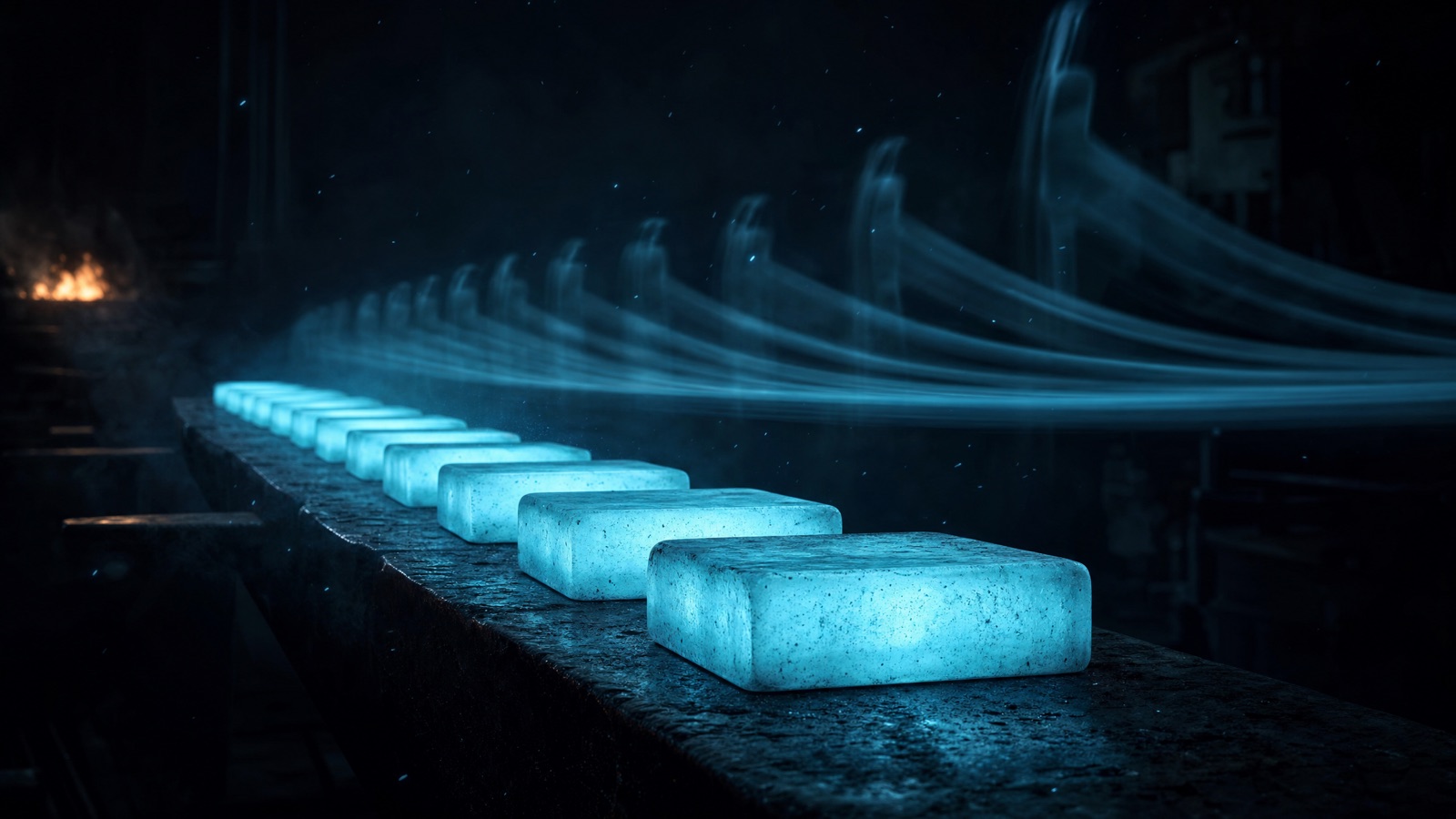 Eleven glowing ingots cooling in a row on a dark anvil, with light tracing the path between them
