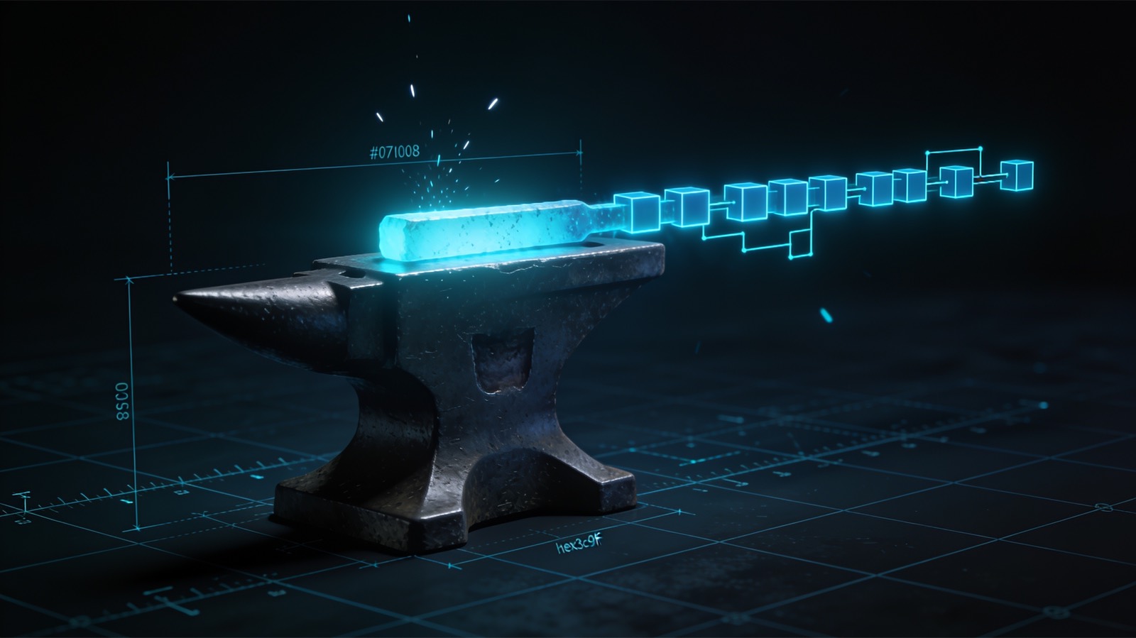 An anvil in near-darkness, a bar of glowing cyan steel on its face breaking apart into a row of luminous blocks that trail off like commits on a branch