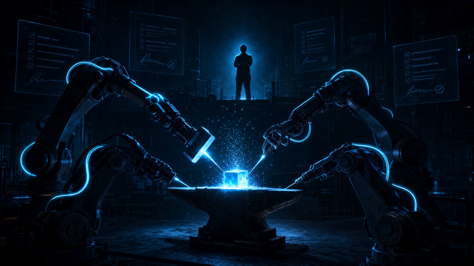 Four robotic arms forging a glowing cube on an anvil while a human figure watches from the shadows
