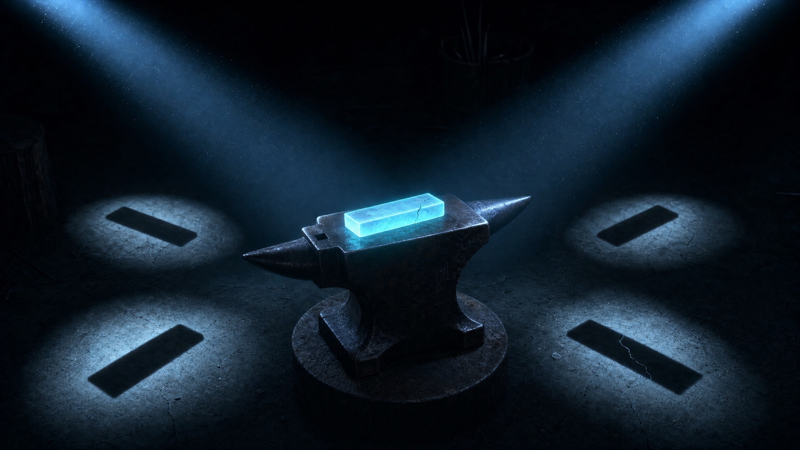 A forged bar on an anvil under four separate beams of light; three shadows look clean and the fourth reveals a crack
