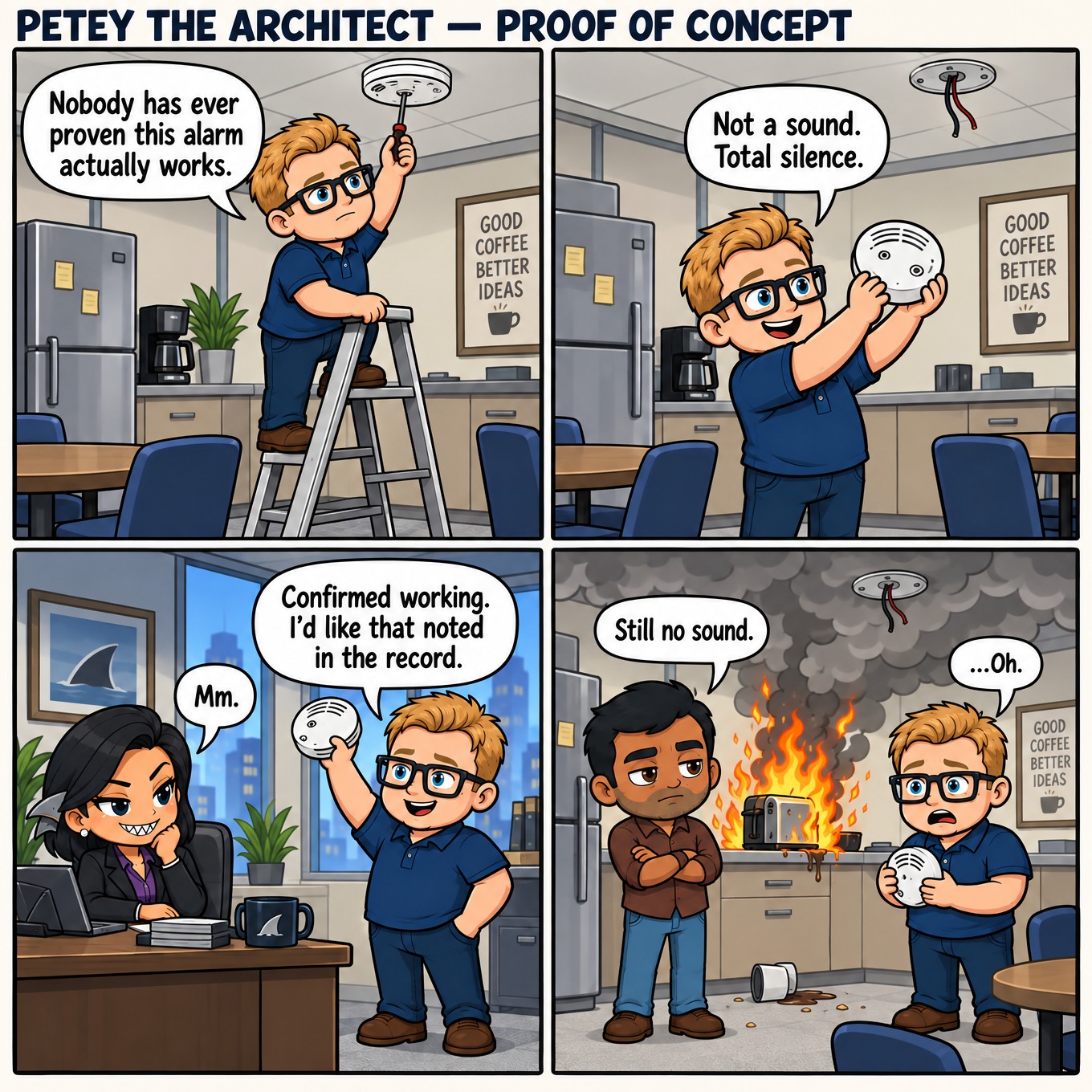 Four-panel Petey the Architect comic: Petey unscrews the breakroom smoke alarm to prove it works, holds the detached alarm overhead announcing "not a sound, total silence," reports it as confirmed working to his unimpressed boss, and is last seen still holding it while the toaster burns behind him and a colleague observes that there is still no sound.