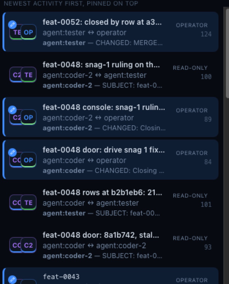 A list of conversation threads, each leading with its subject rather than its participants